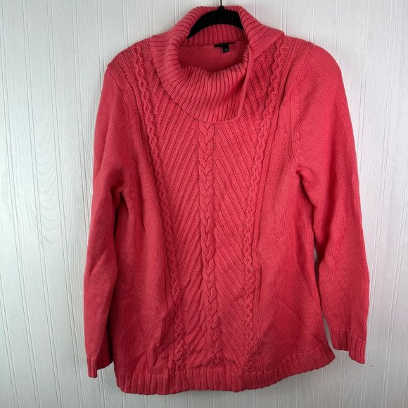 Talbots Sweater Cable Knit Turtle Neck 100% Cotton Salmon size Large Petite‎ - Picture 1 of 5